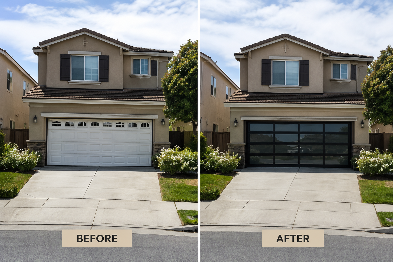 Before and after insulated faux wood carriage garage door installation on a Silverado Trail home in Napa
